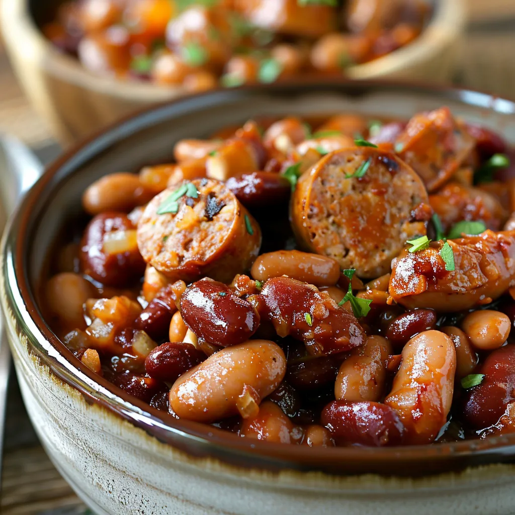 Dish with beans and sausage slices