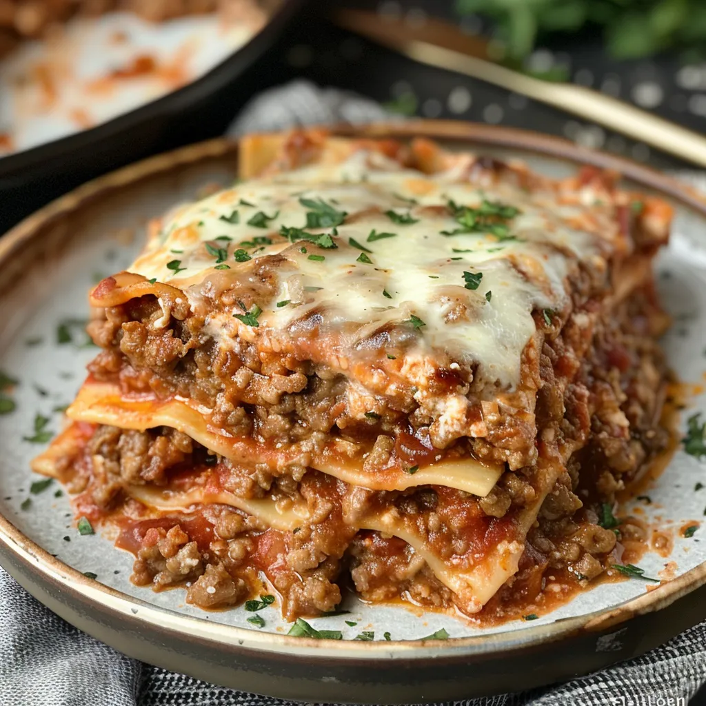 A plate with a piece of Crock Pot Lasagna