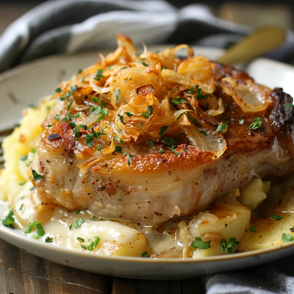 Pork chop and mashed potatoes on a plate