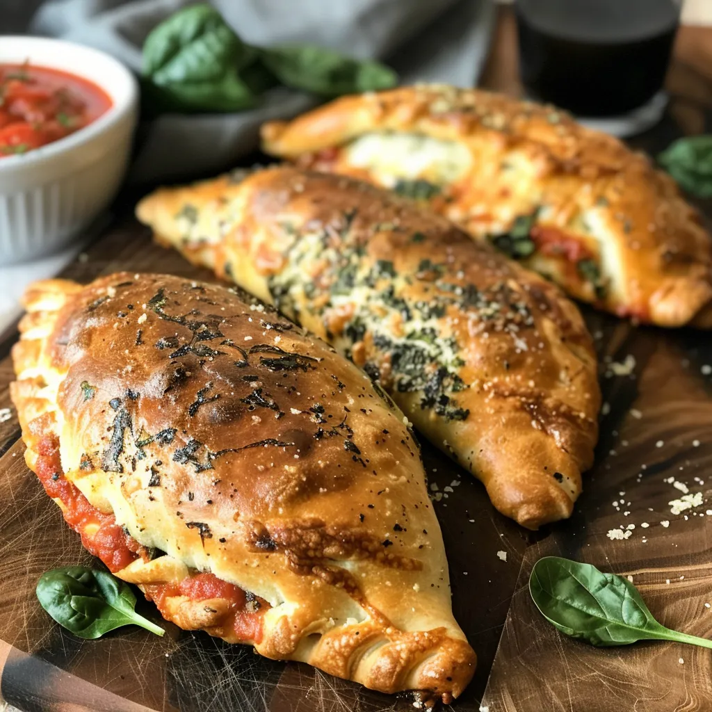 Three Spinach Calzones on a cutting board