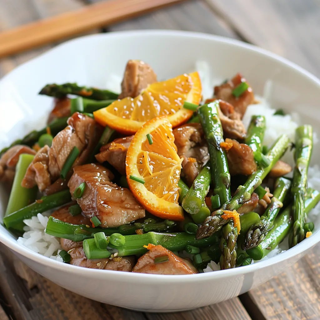 Bowl of Orange Pork and Asparagus Stir-fry