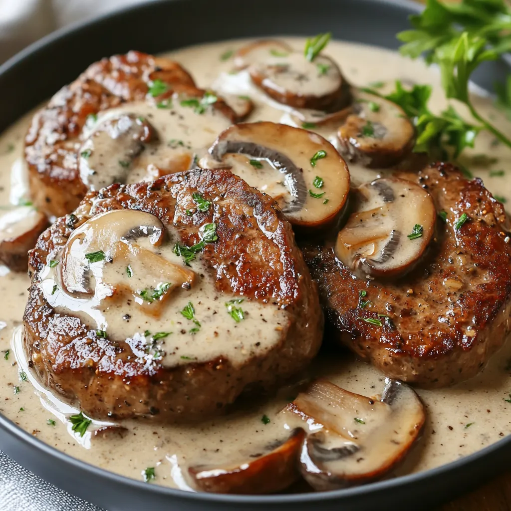 Serving Plate with Cube Steaks in Mushroom Sauce