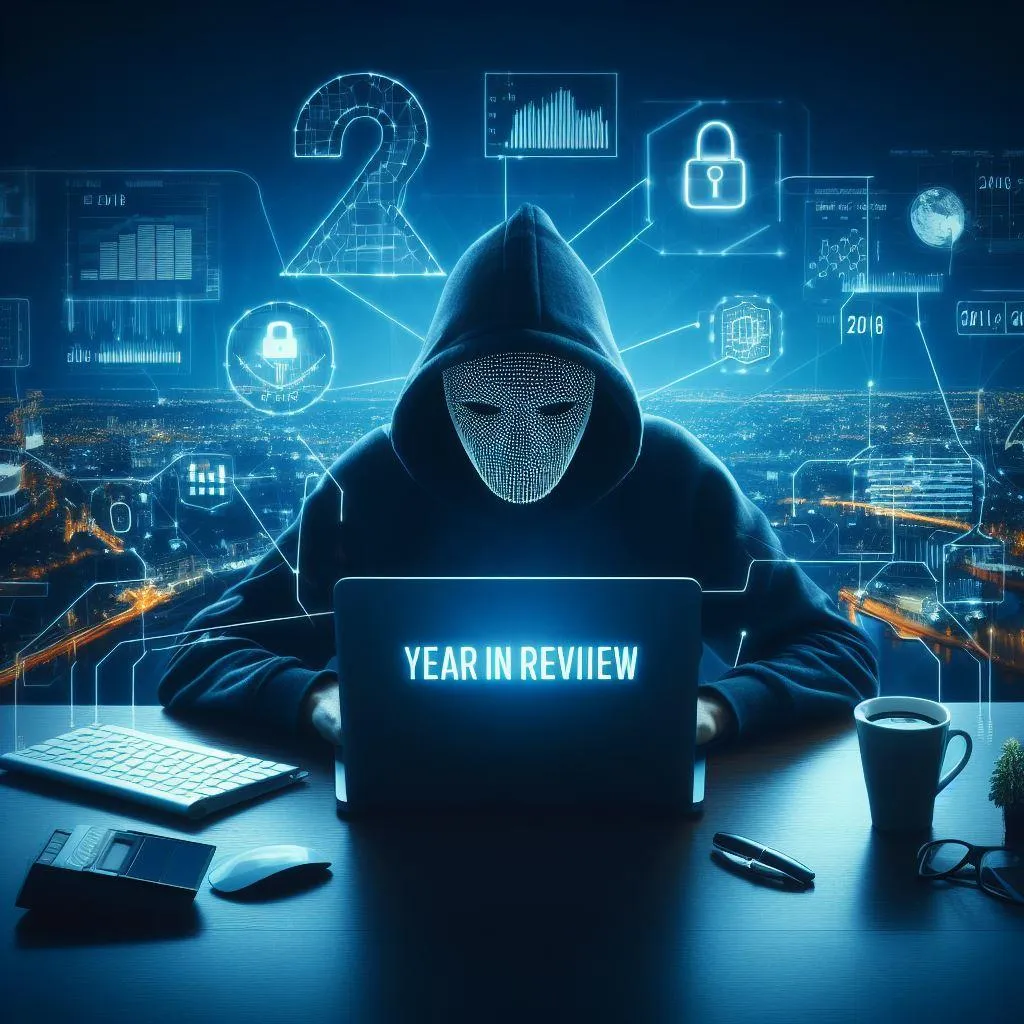 Hacker sitting at a laptop with a sticket that reads "Year in Review"