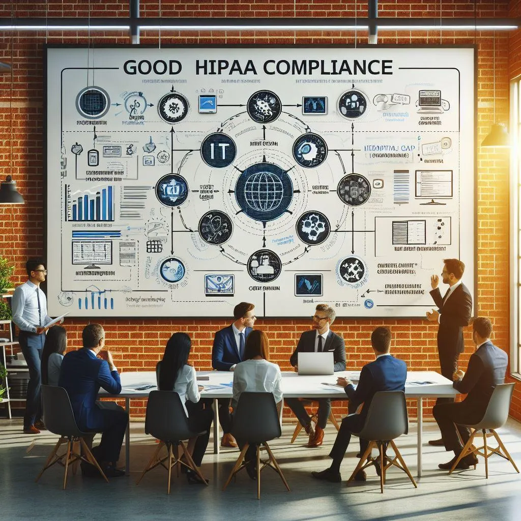 Group of executives in front of a large presentation that reads "Good HIPAA Compliance"