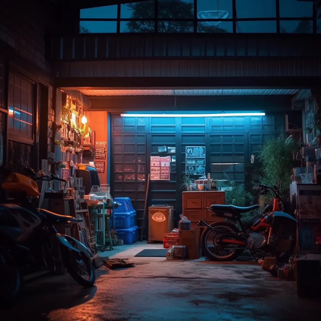 Picture of a home garage with neon light hanging