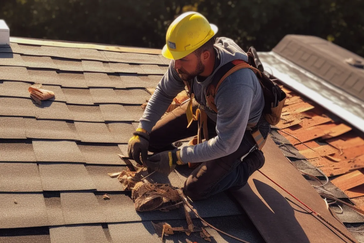 Man with yellow hardhat, on a roof, installing a residential roof. 