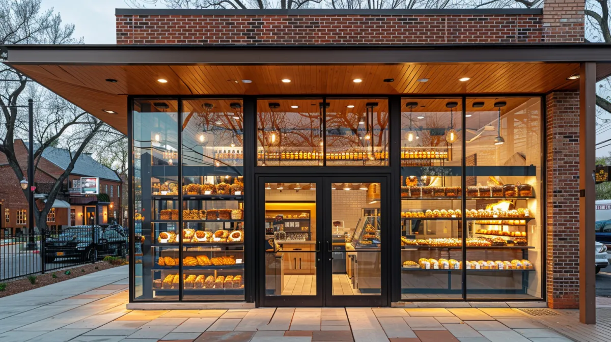 a bustling, modern, beautiful Detroit bakery with a sleek glass and brick design