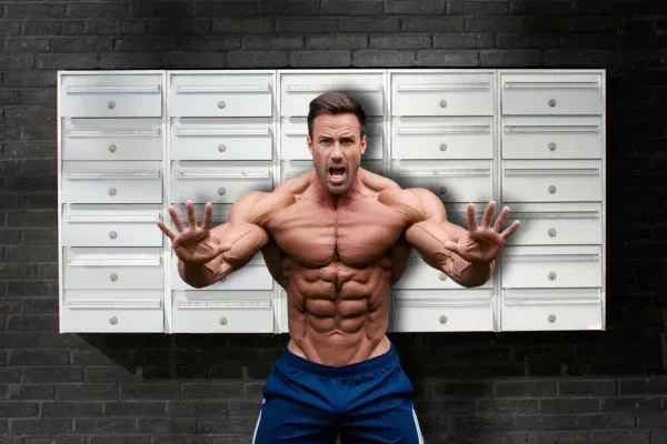 Bodybuilder vor einer Wand mit ganz vielen Briefkästen