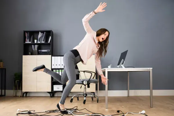 Eine Frau die in Ihrem Büro stolpert