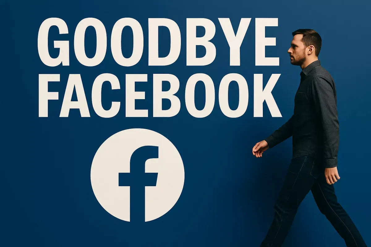 Goodbye Facebook in Großbuchstaben auf blauem Hintergrund