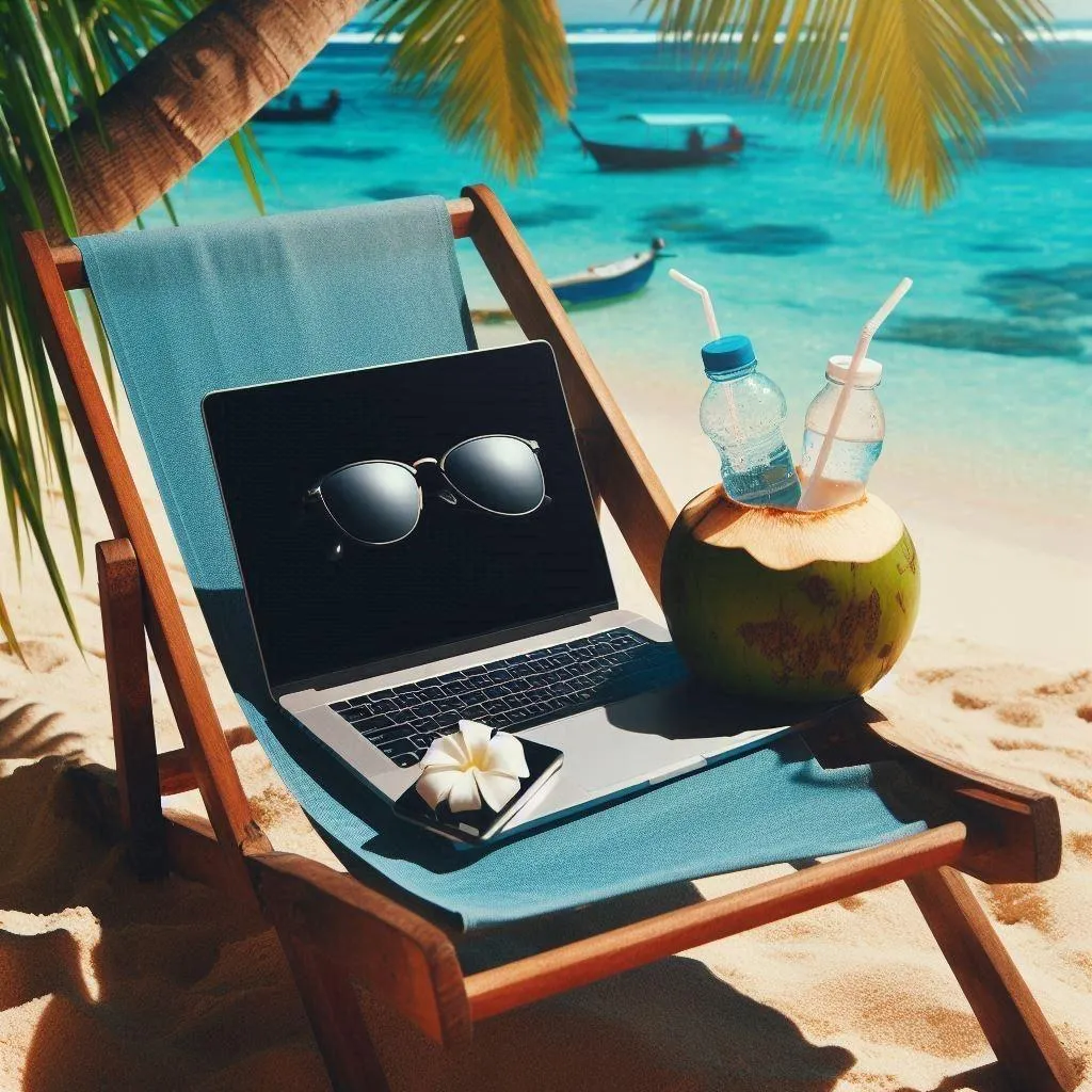 A chair on the beach with a computer and coconut drink sitting on it