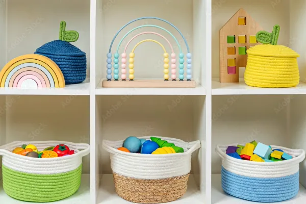 Colorful storage baskets on shelves. White shelving with rainbow wooden toys in cloth stylish baskets. Organizing and storage ideas in nursery. Interior design.