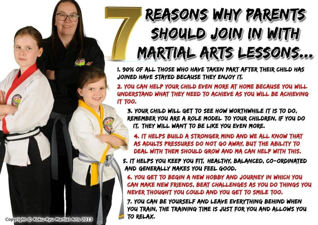 Parent and child training together in a martial arts class, developing skills, fitness, and family connection.