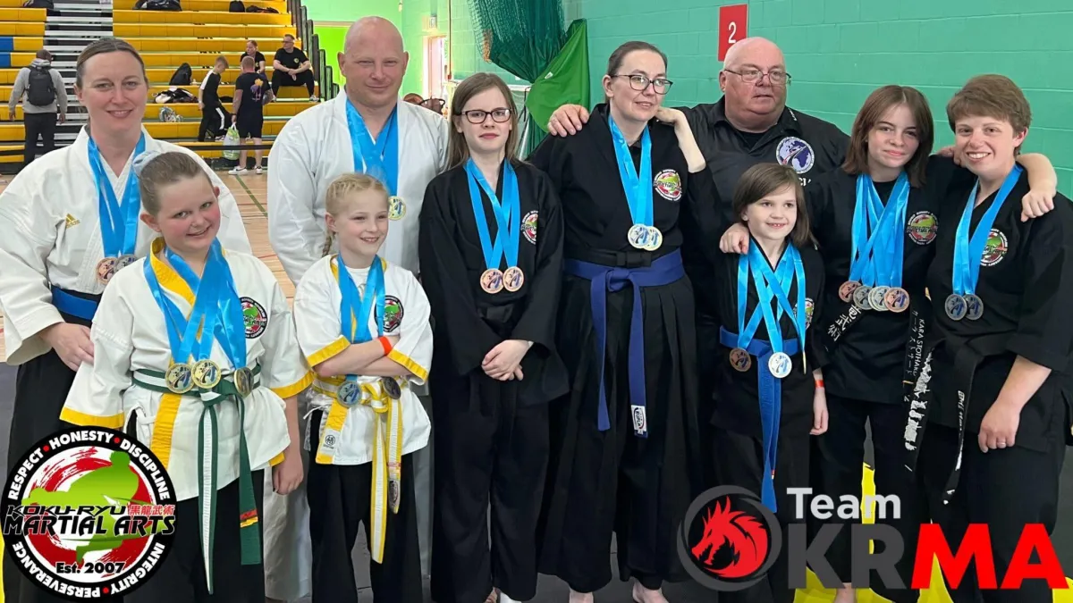 Koku-Ryu Martial Arts athletes celebrating multiple wins at the WMAC English Championships, qualifying for the World Championships in Germany.