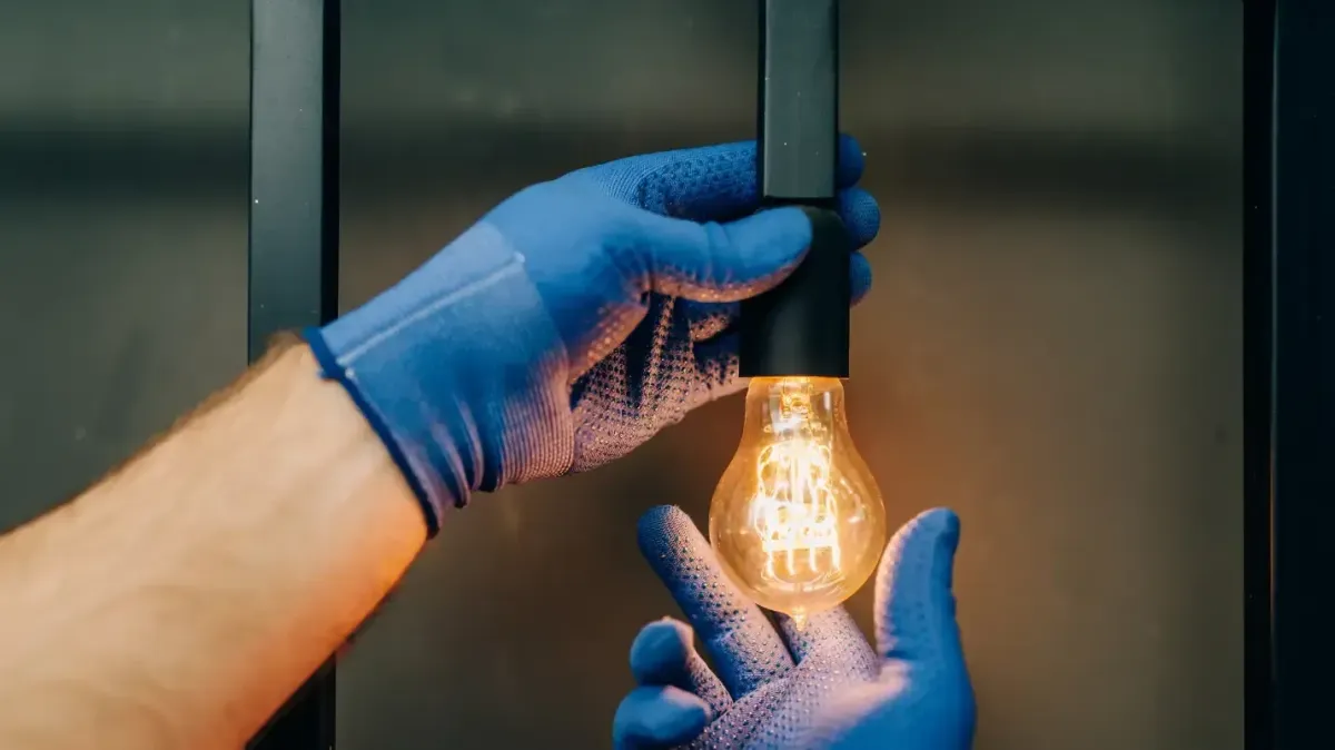 A person wearing blue gloves holds a light bulb, ready to install or replace it.
