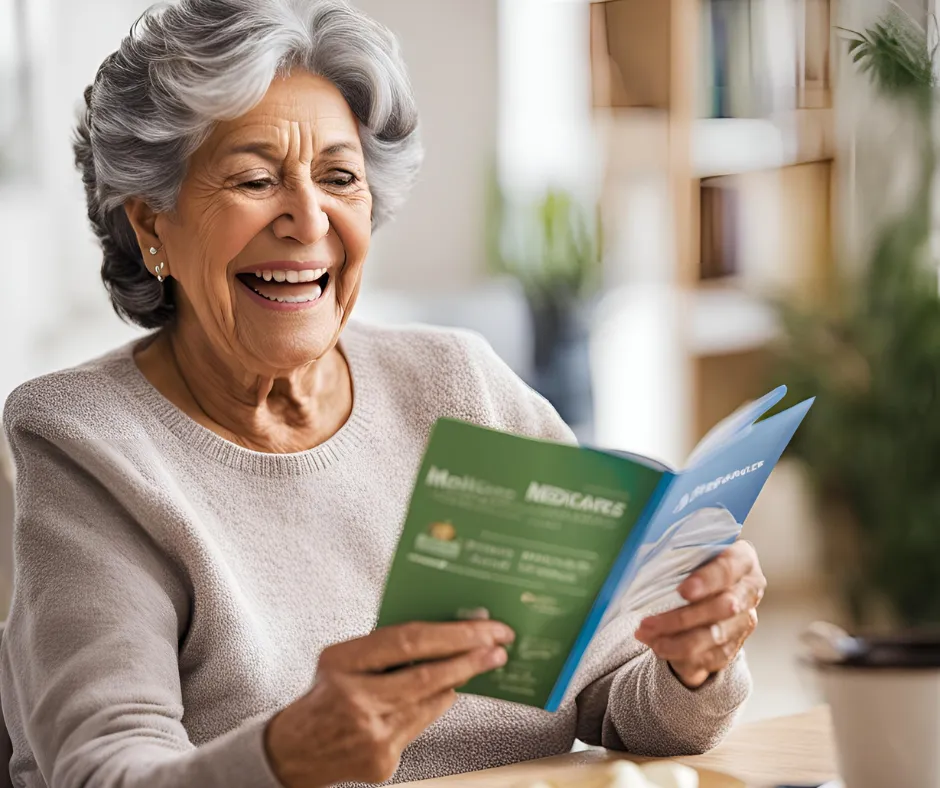 excited woman looking at booklet