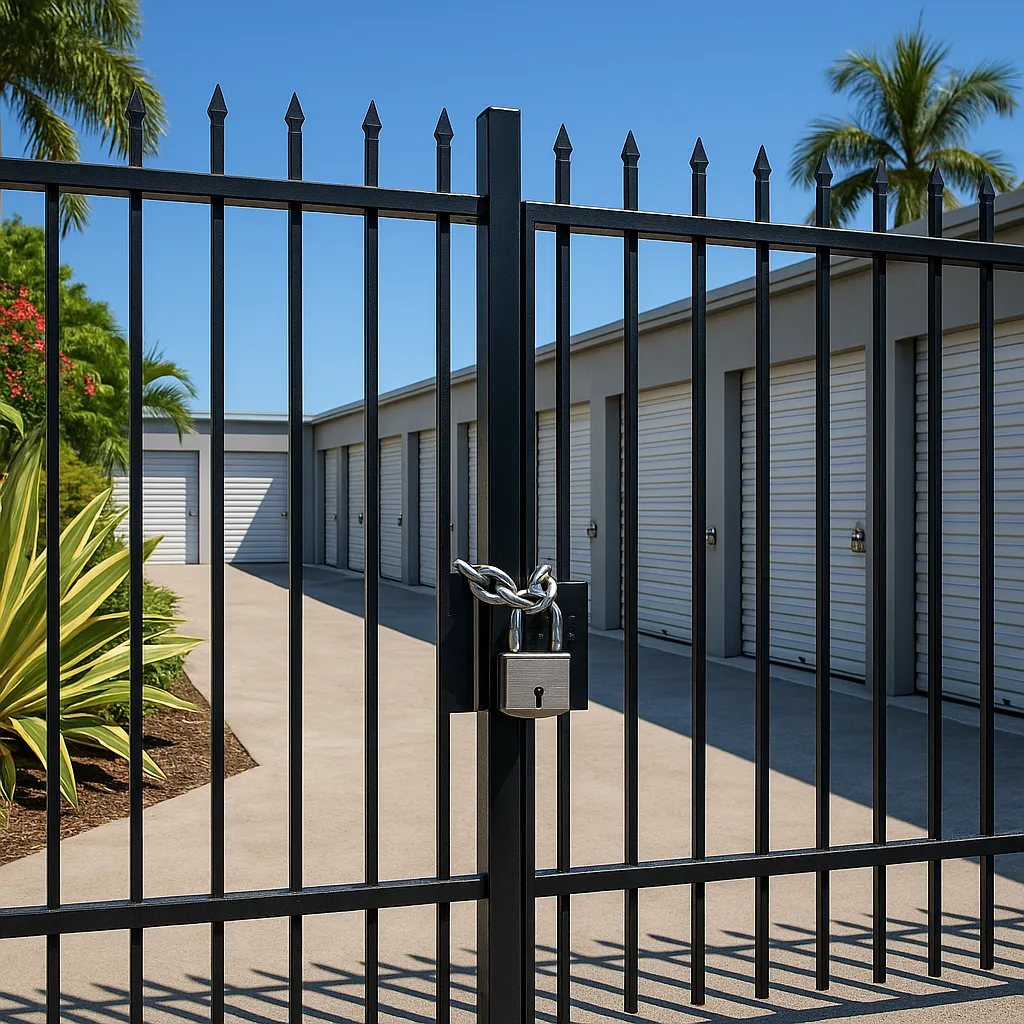 Promotional cover image for SecurePlus Storage in Montego Bay with gated storage units, tropical palm trees, and bold text ‘Need More Room? Reserve Your Unit.