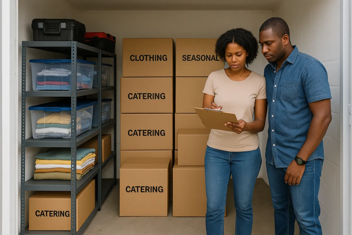 Business Persons standing in front of secure plus storage unit managing their inventory