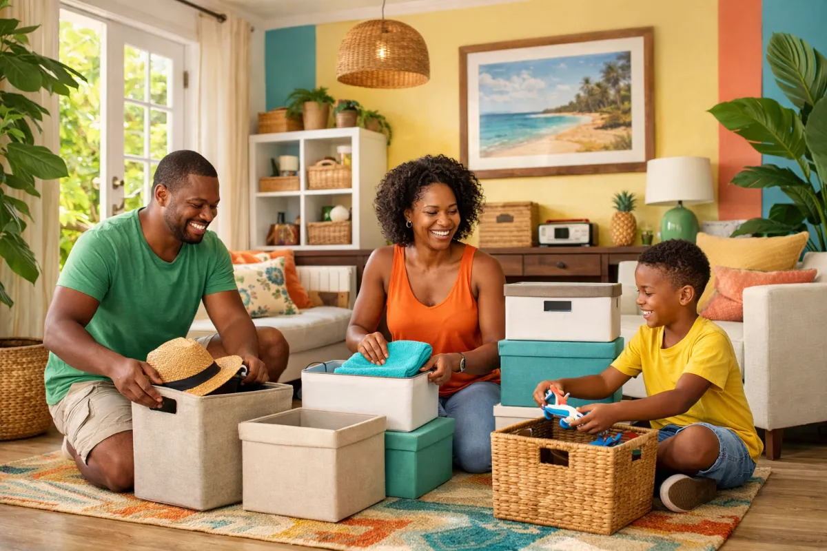 A bright, clutter-free Jamaican home with a family organizing storage boxes, creating a clean and organized space for the New Year.