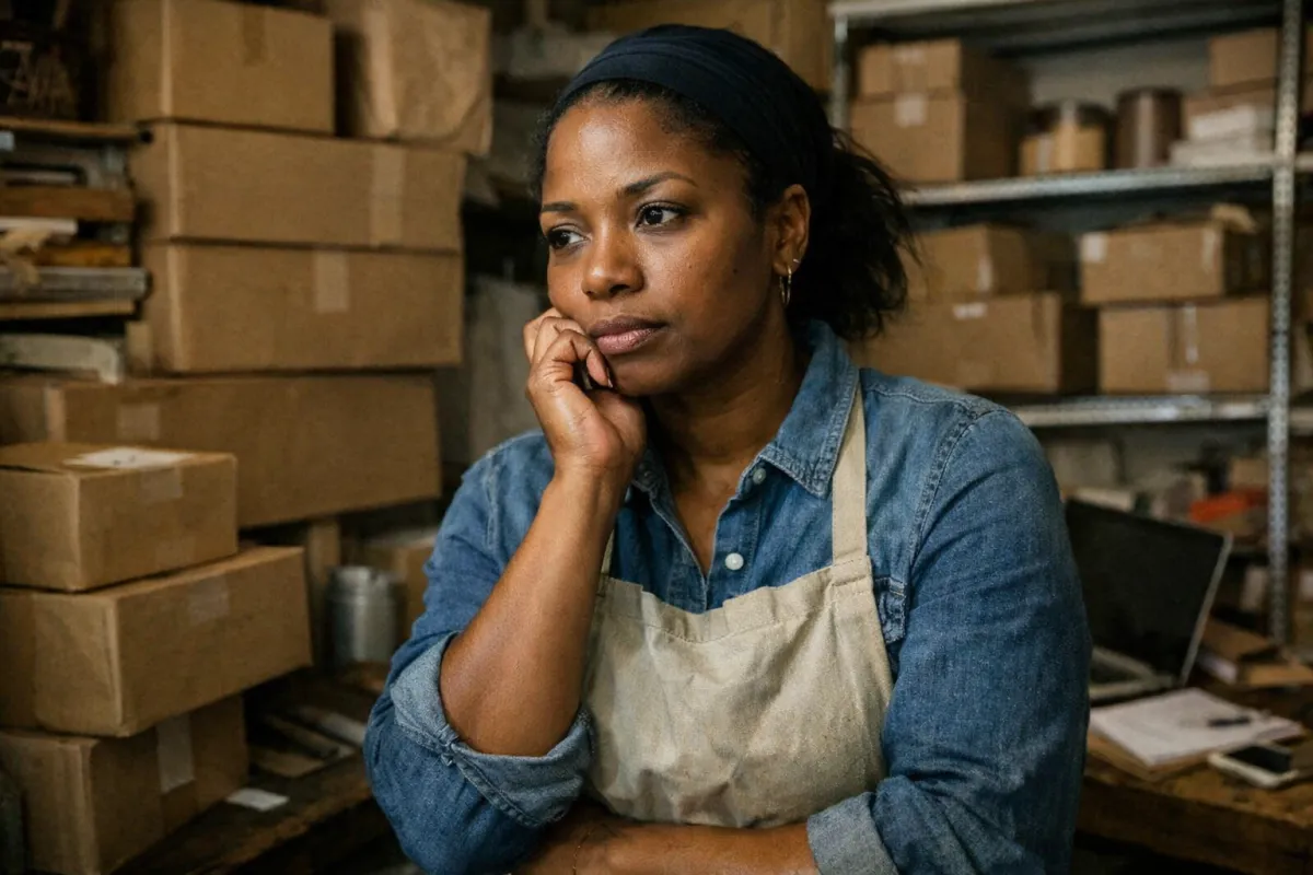 Jamaican small business owner standing in a cramped workspace struggling with limited storage space as the business grows