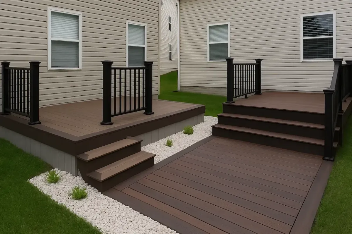 side-by-side view of two composite decks showcasing TimberTech and Trex materials, featuring contrasting brown tones, black railings, and a neatly landscaped space