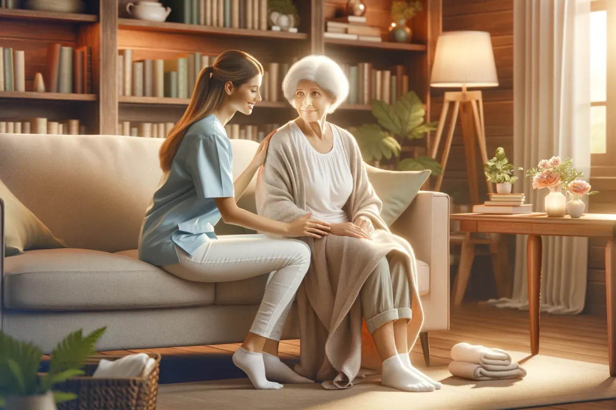 An elderly person sitting comfortably in an armchair in a cozy living room, with a caregiver gently showing them something on a tablet, both smiling. The room is bathed in natural light, creating a serene atmosphere. This image symbolizes personalized care, empowerment, and the deep, trusting relationships formed between caregivers and clients.