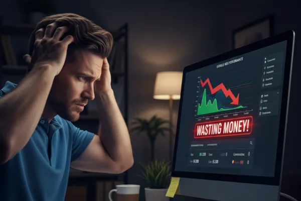 A service business owner looking frustrated at a screen displaying failed Google Ads performance data.