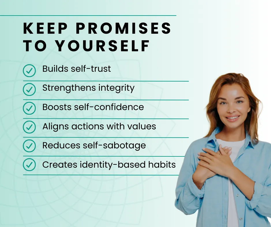 A woman with hand on heart next to list of benefits from keeping promises to oneself.