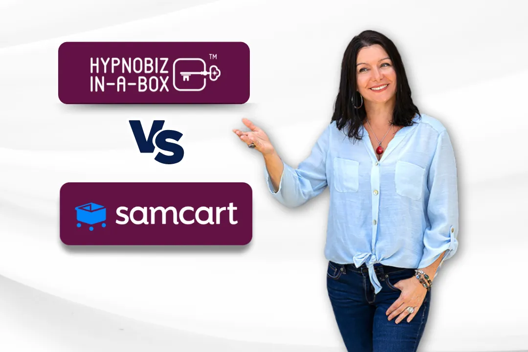 A comparison image featuring "Hypnobiz In-A-Box" versus "SamCart" with a smiling woman pointing.
