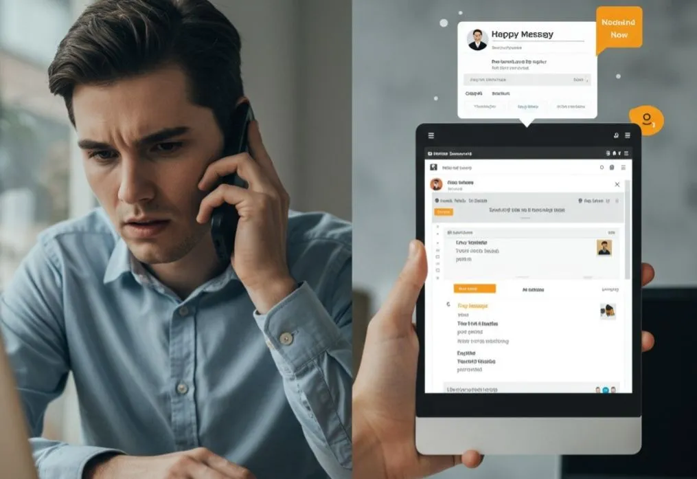 Potential customer dialing phone, and side‑by‑side auto‑reply message + CRM lead tags highlighting ‘missed call’ leads.
