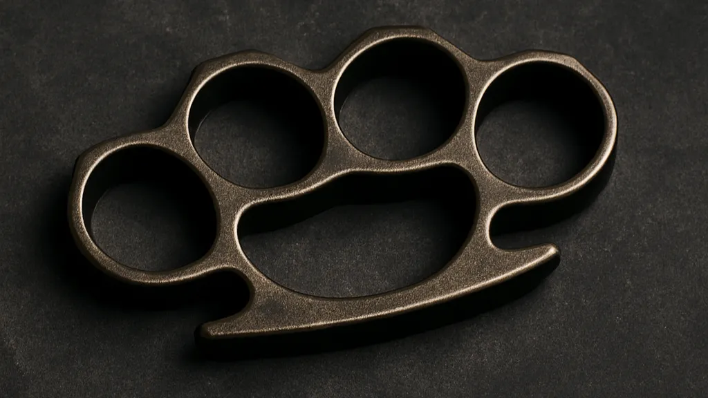 A dramatic close-up of a metallic brass knuckle casting a shadow on a dark surface