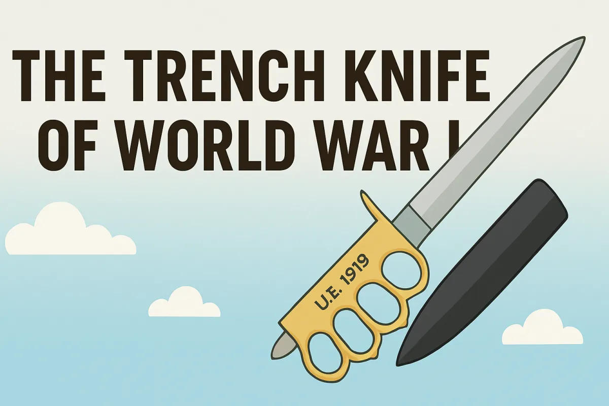 A 2D digital illustration of a trench knife with a brass knuckle-style handle labeled "U.S. 1918" and a sharp blade. The knife is displayed diagonally with a black sheath beside it on a white background. Bold, capitalized text in the background reads “BANNED IN CANADA,” emphasizing its prohibited status.