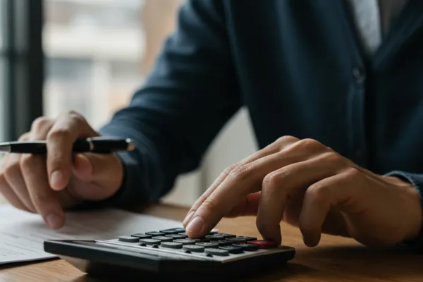 Person using a calculator with legal documents in the background, representing will pricing.