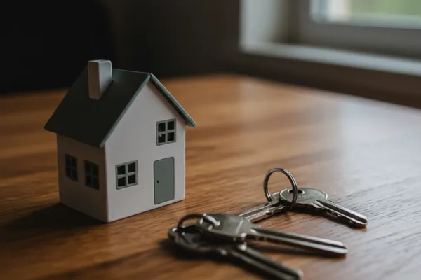 Two sets of house keys side by side on a table with a soft home background, symbolising shared ownership of a house.