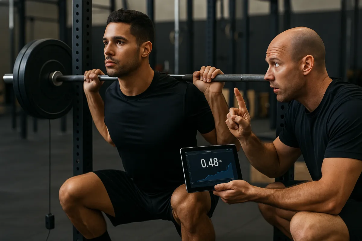 An athlete using velocity based training (VBT) training with a strength and conditioning coach