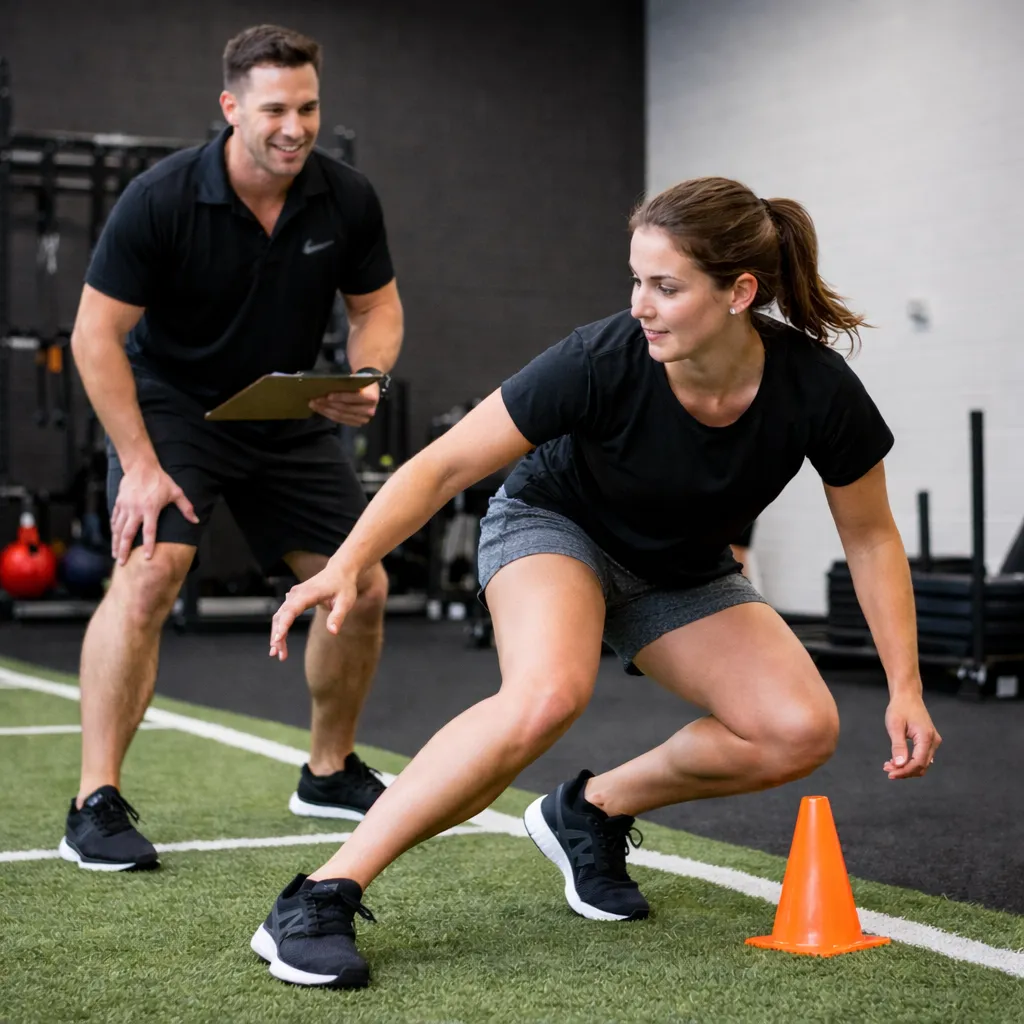 Athlete completing ACL rehabilitation agility drill supervised by physiotherapist in a sports performance gym