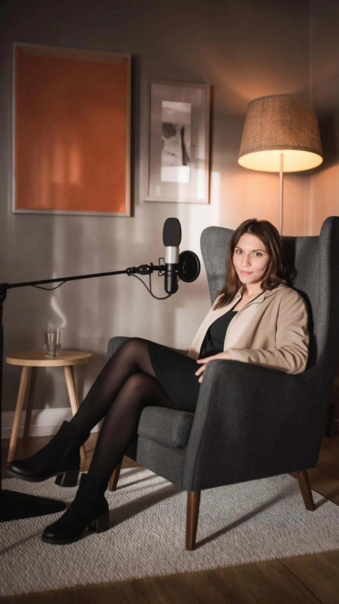 Crystal Roman seated for a podcast with a microphone.