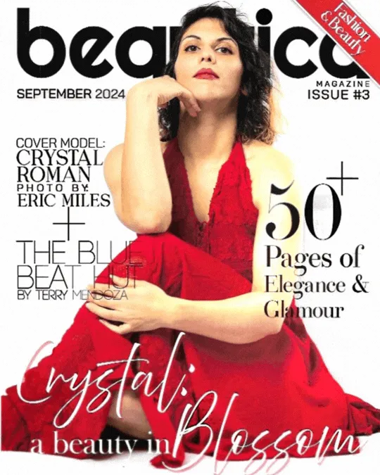 Crystal Roman posing in a red gown for a magazine cover.