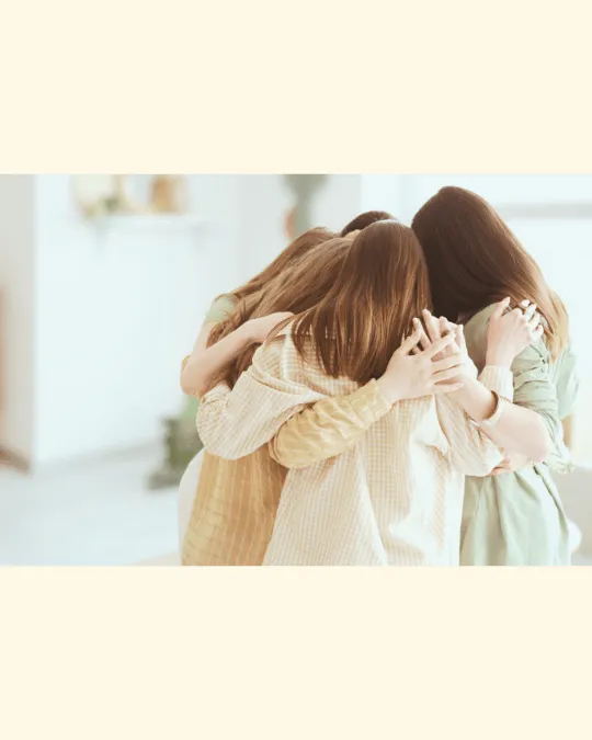 Community members in a supportive group huddle, symbolizing breaking cycles and rising through faith.