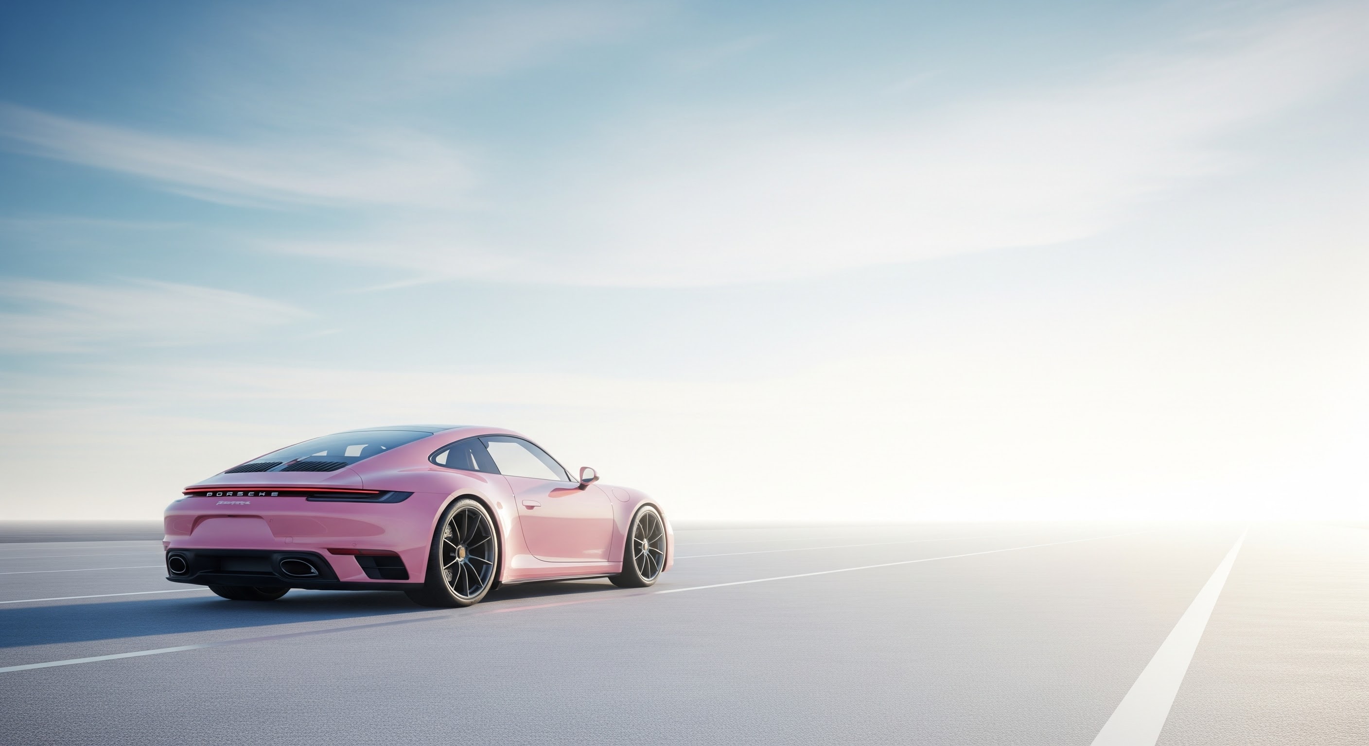 Pink porsche driving away on the road in the direction of the sun to signify the brakes are off