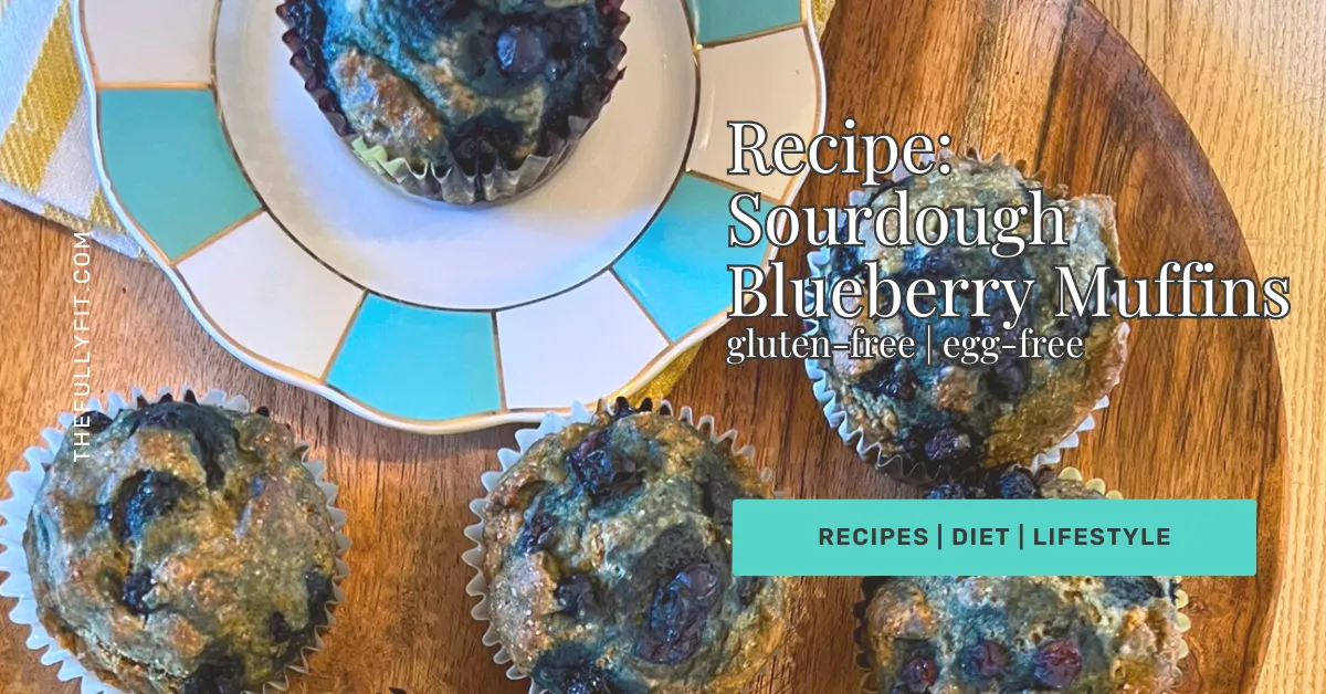 Healthy sourdough blueberry muffins served on plates, dairy-free and egg-free recipe