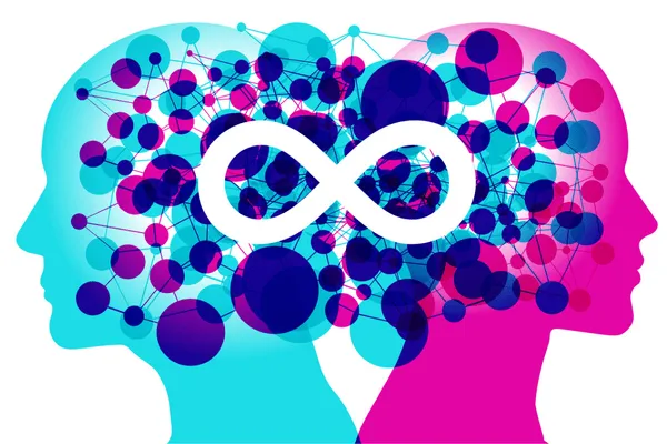 Illustration of two heads with infinity sign in the middle