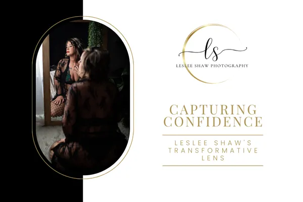 Cover image for the blog post ‘Capturing Confidence: Leslee Shaw’s Transformative Lens,’ showing a woman in a lace boudoir outfit posed near a mirror, photographed by Leslee Shaw Photography in Sweetwater, Texas.