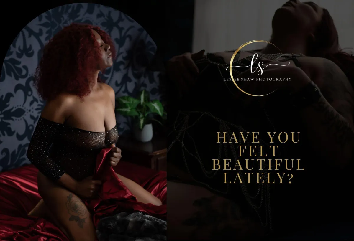A woman with deep red curly hair, wearing a black, sheer bodysuit with rhinestones, sits on a bed with red satin sheets, looking upward. The overlay text reads, "Have You Felt Beautiful Lately?" with the Leslee Shaw Photography logo