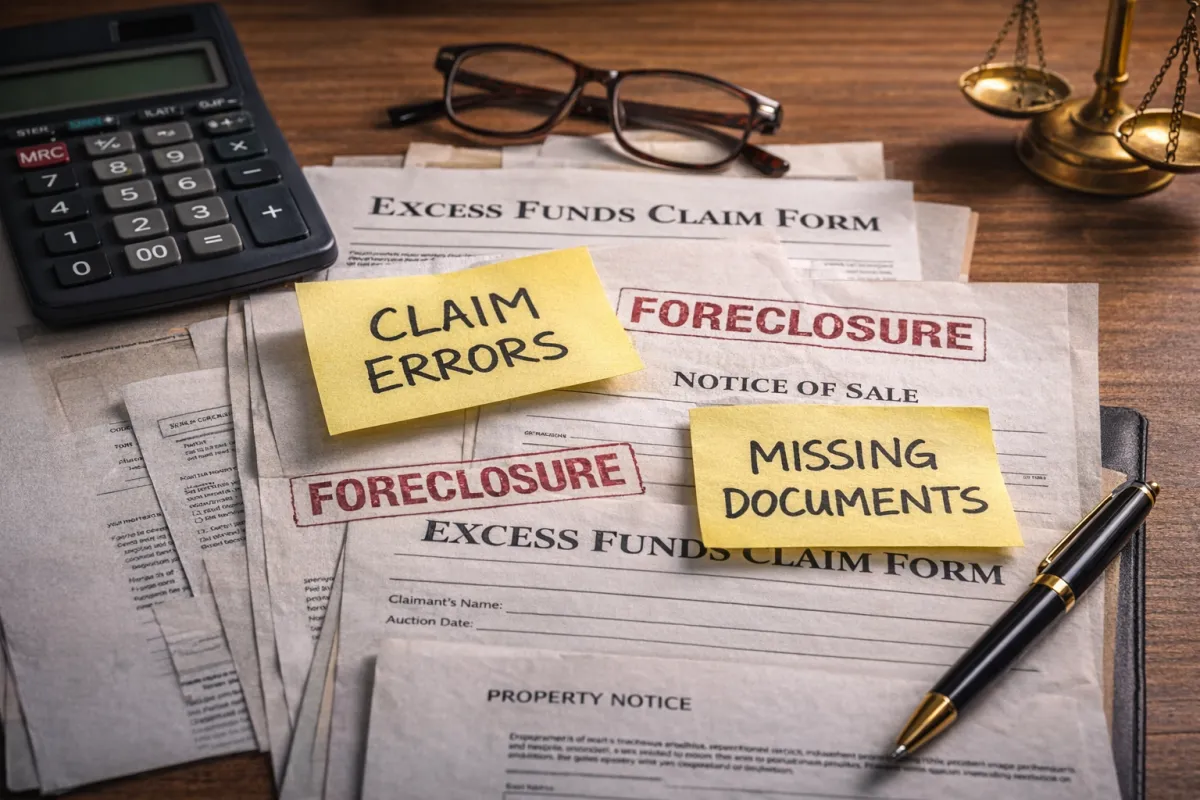 Excess funds claim paperwork and foreclosure documents on a desk with notes showing common mistakes and missing documents in Gwinnett County Georgia