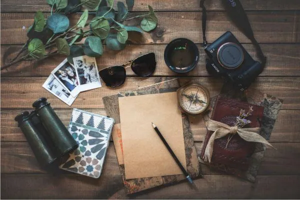 Agents desk with various travel items
