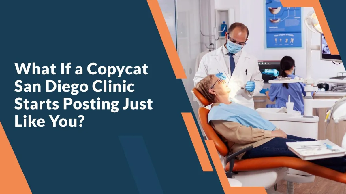 A dentist views a lookalike Instagram reel on his phone, side-by-side with his own content, quietly confident as his dedicated team strategizes in the background to ensure authenticity shines above imitation.