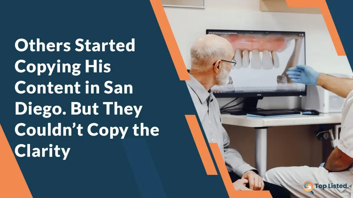 Dentist looking at a screen while a rival clinic mimics his Instagram post; original content calm and clear, the copied version loud and cluttered.