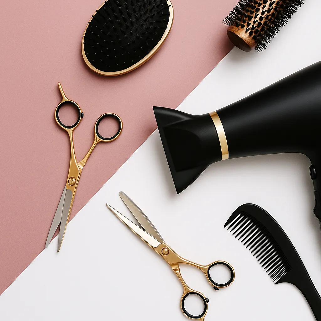 Flat lay of hairstyling tools and holiday gift packaging on a salon workstation – representing salon business tips for boosting holiday sales.