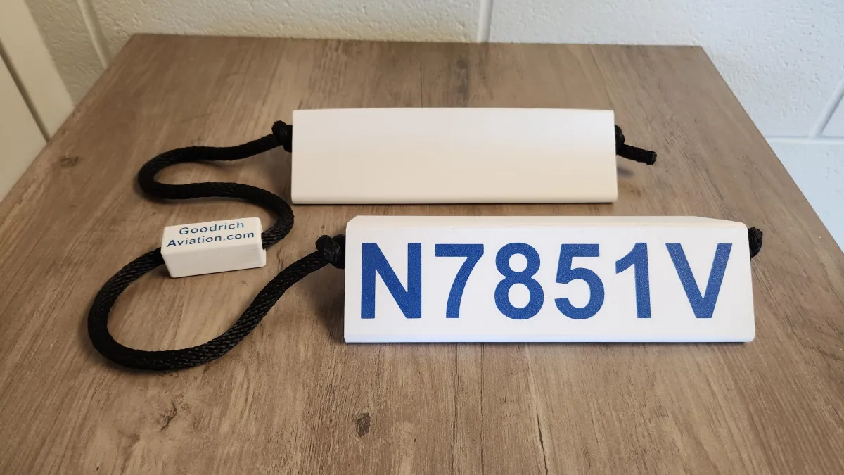 White base dark blue letters black rope
